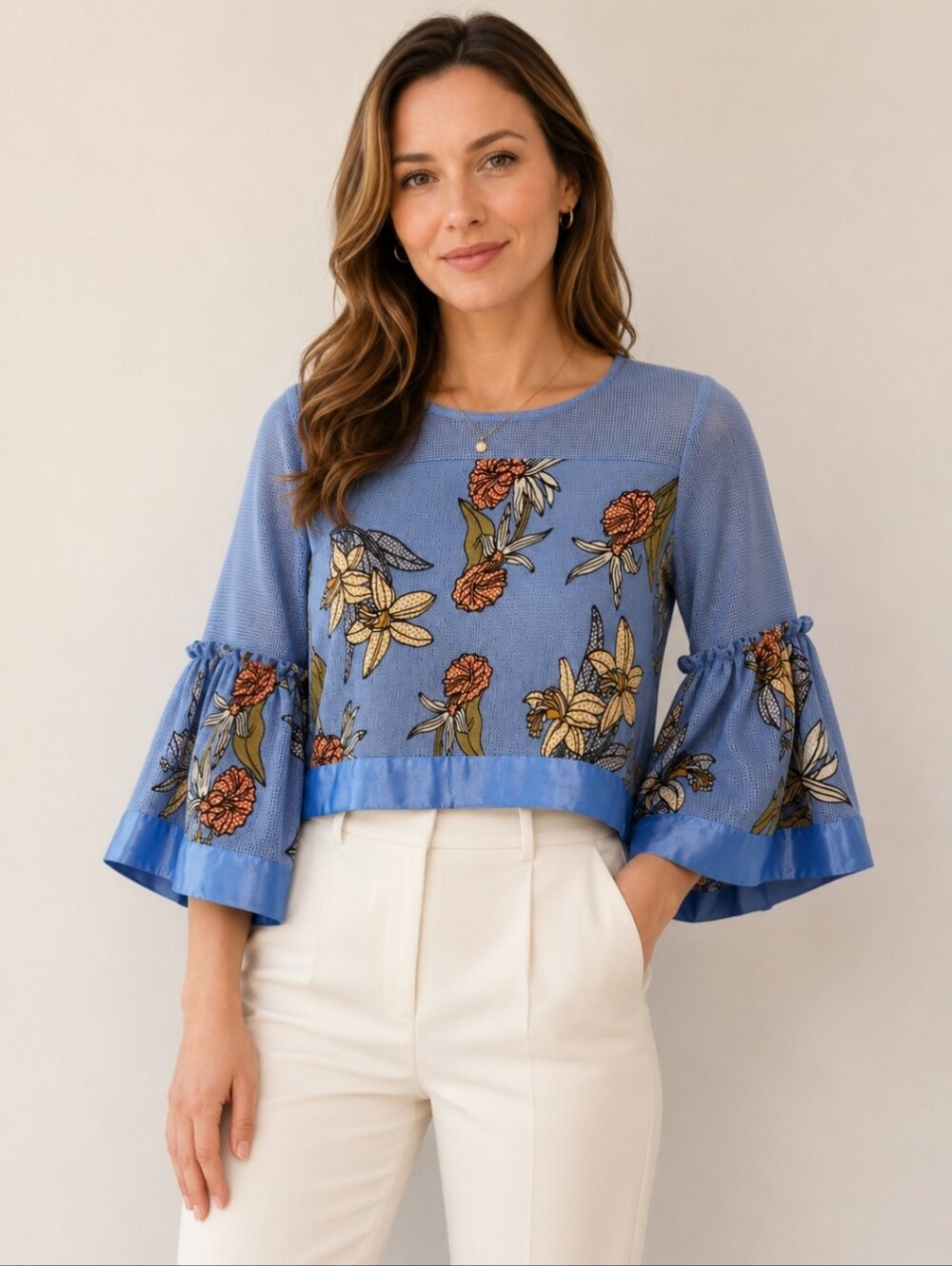 Gracia Blue Floral Bell Tiered Sleeves Top Size Medium